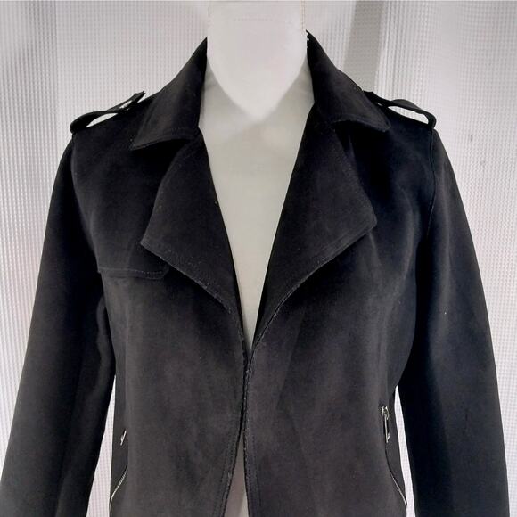 NWOT! TAHARI! RICH BLACK FAUX SUEDE ZIP POCKET, EPAULETTE SHOULDER JACKET! SZ S - Picture 4 of 12